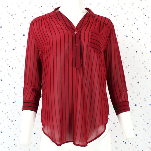 3/4 Sleeve Sheer Stripe Blouse Top Burgundy - Picture 2 of 7